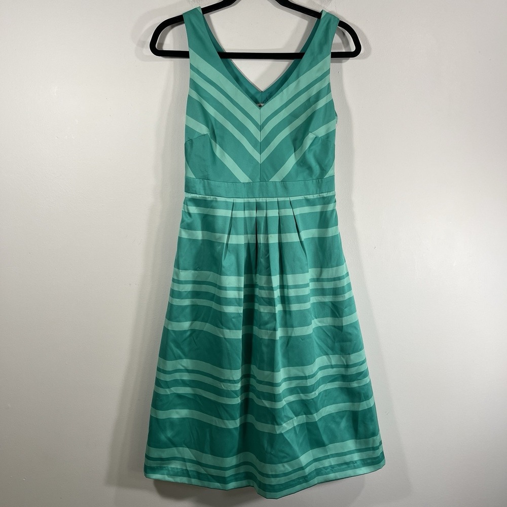 Merona Teal Blue Green Satin Striped Sleeveless V-neck Fit Flare Dress Women's 2